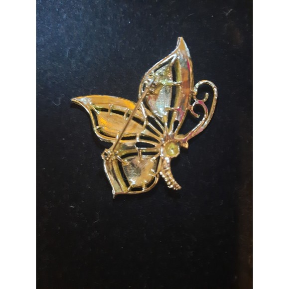 Butterfly Vintage Brooch Gold Tone Green Rhinestones  Yellow Enamel AS IS - Picture 5 of 8